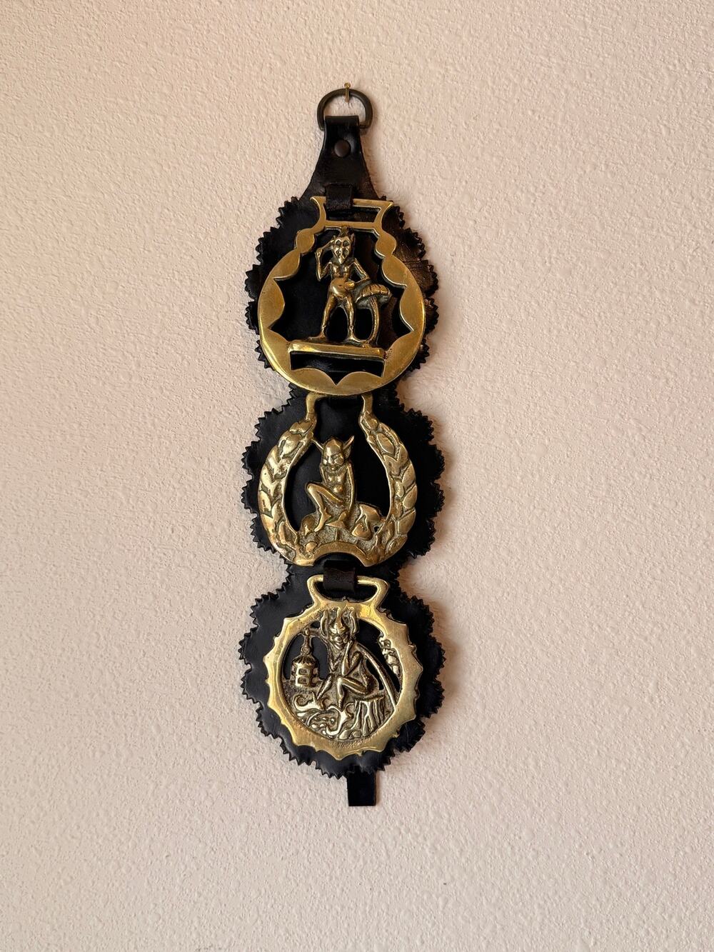 Antique English Horse Brass Medallions Leather Martingale Strap Cornish pixies